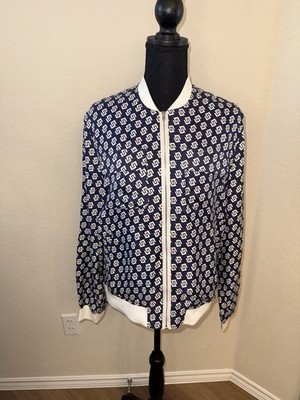 Julie Brown NYC 100% Silk Bomber Jacket   Size 10   NWT   Navy + White