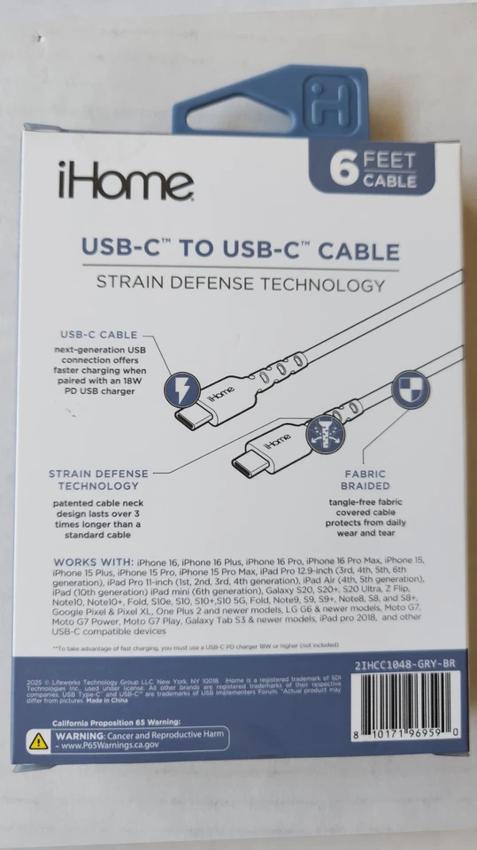 Cable iHome USB-C a USB-C - 6 pies - Cargador 3 veces más rápido - 3 veces más duradero Foto 2 de 4