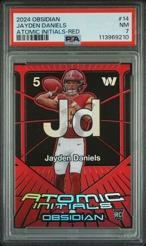 2024 PANINI OBSIDIAN #14 JAYDEN DANIELS ATOMIC INITIALS-RED 4/75 PSA NM 7