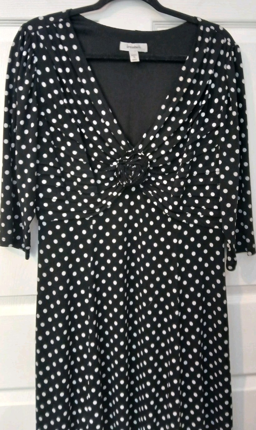 Polka Dot Dress Sz 16 Black White V Neck Midi Dress Barn Career Travel Classic