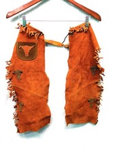 Vtg Boys M Brown Suede Leather Western Vest and Chaps Cowboy Costume Fringe Kids