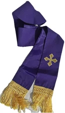 Purple Christian Pulpit Clergy Stole-Embroidered Cross- Gold Fringe New
