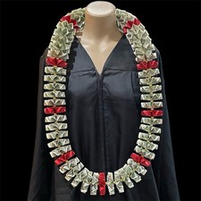 Graduation Money Celebration Lei 50 Bills Folded Red W/Gold Beads