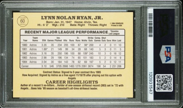 Tarjeta de béisbol 1985 Donruss Nolan Ryan firmada por la corte de los Astros PSA 6 ADN 10 certificada Foto 3 de 4