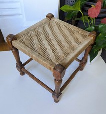 Vintage Mid Century Wooden Frame Footstool with Basket Weave Top
