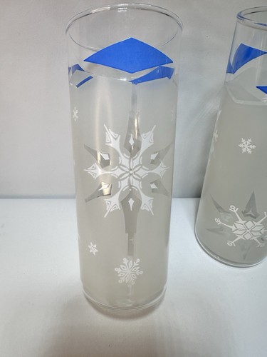 2 Vintage MCM Frosted Atomic Snowflake Highball Glass Blue Diamond 6.6” - Picture 2 of 7