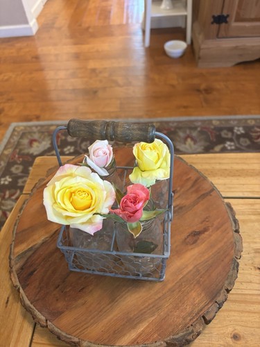 FARMHOUSE STYLE 4 GLASS MILK BOTTLE VASES W/GRAY METAL CARRIER & WOODEN HANDLE - Picture 2 of 8