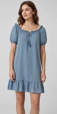 Blue Solid Shift Dress Round Neck Short Sleeve Ruffle Tassel Tie Size XL