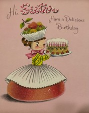 VTG 1953 Norcross Birthday Card Cupcake Candy Girl Candy Cane Word Art Sister