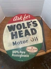 Vintage Wolf’s Head Motor Oil Metal Flange Sign One Side Only