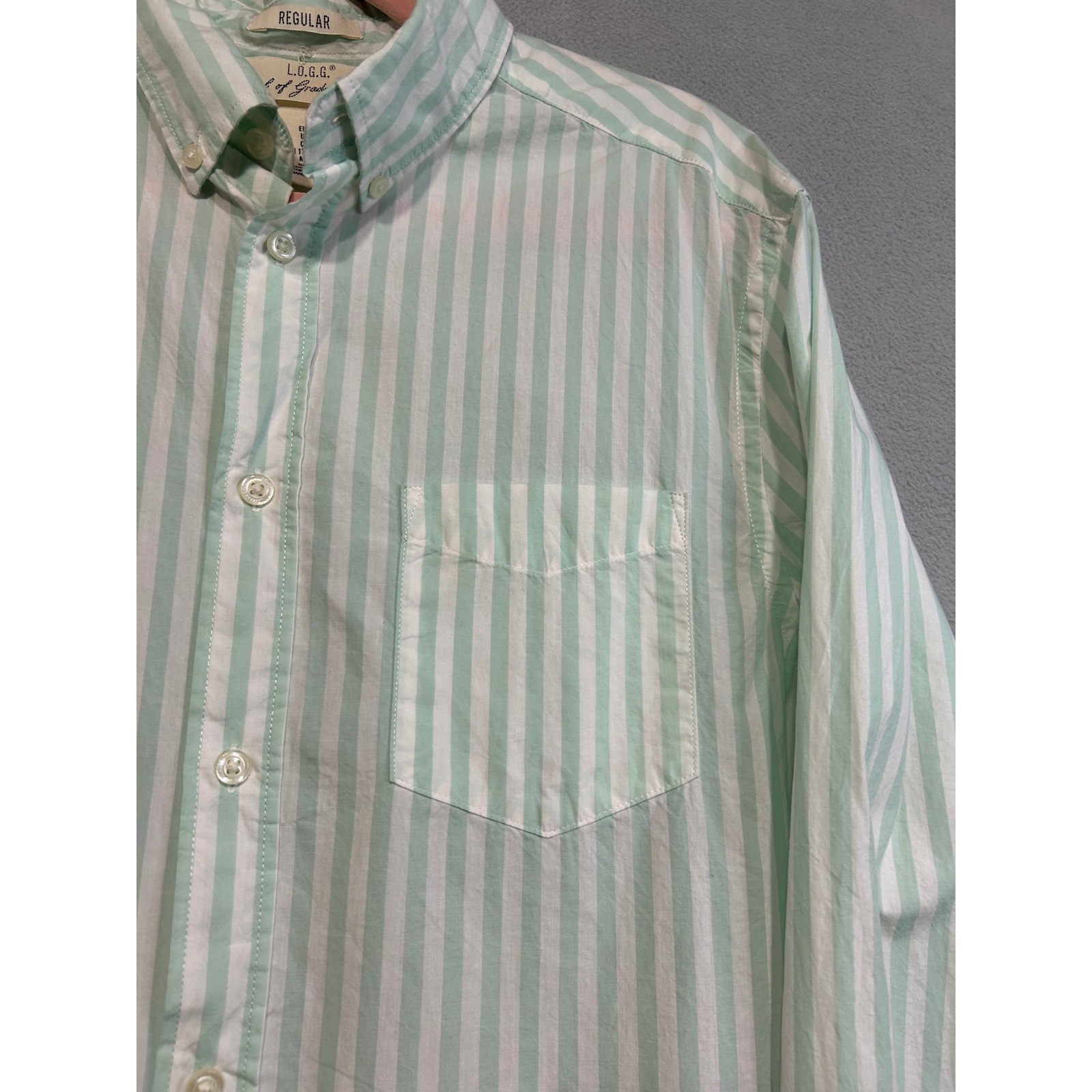 H&M Regular Fit Striped Button Down Shirt Mens Medium Mint Green White Cotton thumbnail 2