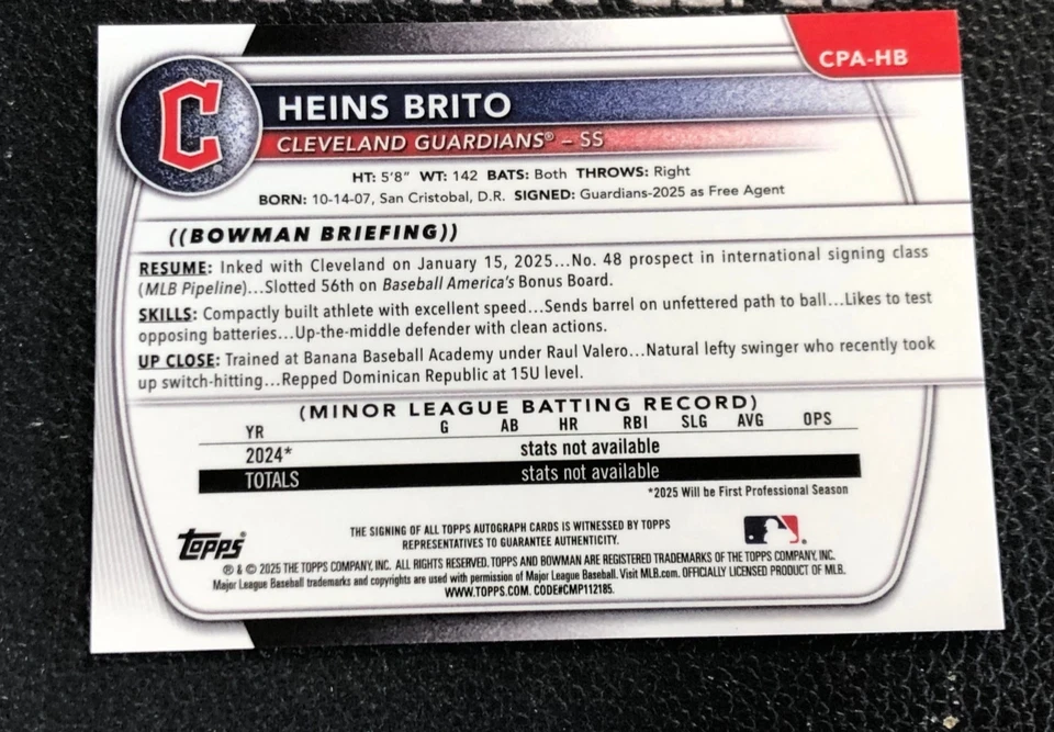 2025 Bowman Chrome 1st Heins Brito Gold Refractor auto 44/50 - image 2 of 2