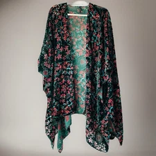 Torrid Kimono Velvet Burnout Ruana One Size Green Red Floral Gothic Boho Peasant