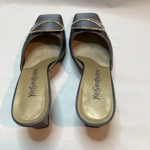 YVES SAINT LAURENT Casino Pewter Satin Rhinestone Embellished Formal Mules 7.5M - Picture 3 of 8