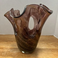 Vintage Art Glass Vase Purple W/Gold Swirls Hand Blown Ruffled Top