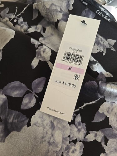 New Calvin Klein Women's Petite Sz 6P Sheath Black Silver Roses Dress - Picture 3 of 4