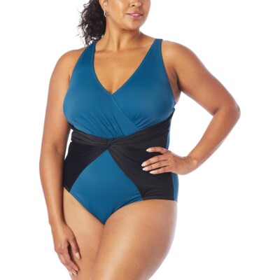 plus size 20W Colleen Lopez Colorblock Twist Front Swimsuit peacock/black new