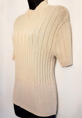 Neutral Beige Ribbed Knit SWEATER sz Medium Classic Mock