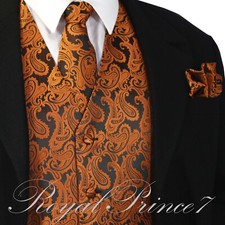 Men's Paisley Tuxedo Vest, Tie and Hankie Formal Dress Wedding Prom Burnt Orange