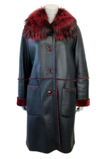J & M Spanish Lamb Leather Long Jacket Coat Black Real Red Fox Fur Shearling