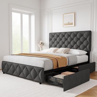 Full Size Bed Frame with 4 Storage Drawer and Adjustable Upholstered Headboard
