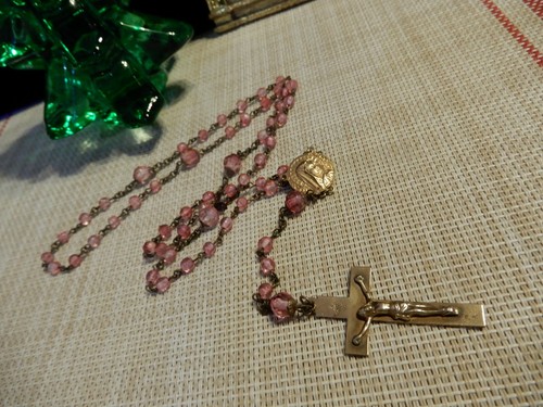Antique ROSE PINK beaded & Bronze Rosary w/ MARY & Crucifix/cross`~2 Star Stamp - Picture 12 of 12