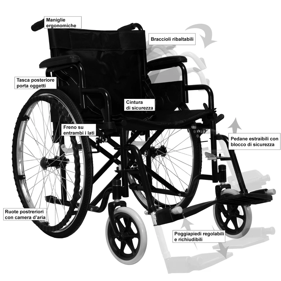Sedia a rotelle pieghevole leggera autospinta carrozzina disabili anziani nero - Immagine 2 di 4