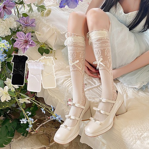 Sweet Lolita Bow Socks Lace Calf Socks Summer Mary Jane Stretch Fishnet Stocking - Picture 7 of 12