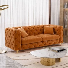 Modern 75in Velvet Tufted Deep Seat Sofa Upholstered Chesterfield Style Couch