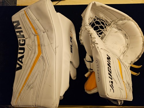 NED Penguins Vaughn SLR4 Game Worn Goalie Catcher Blocker PRO practice palm 1