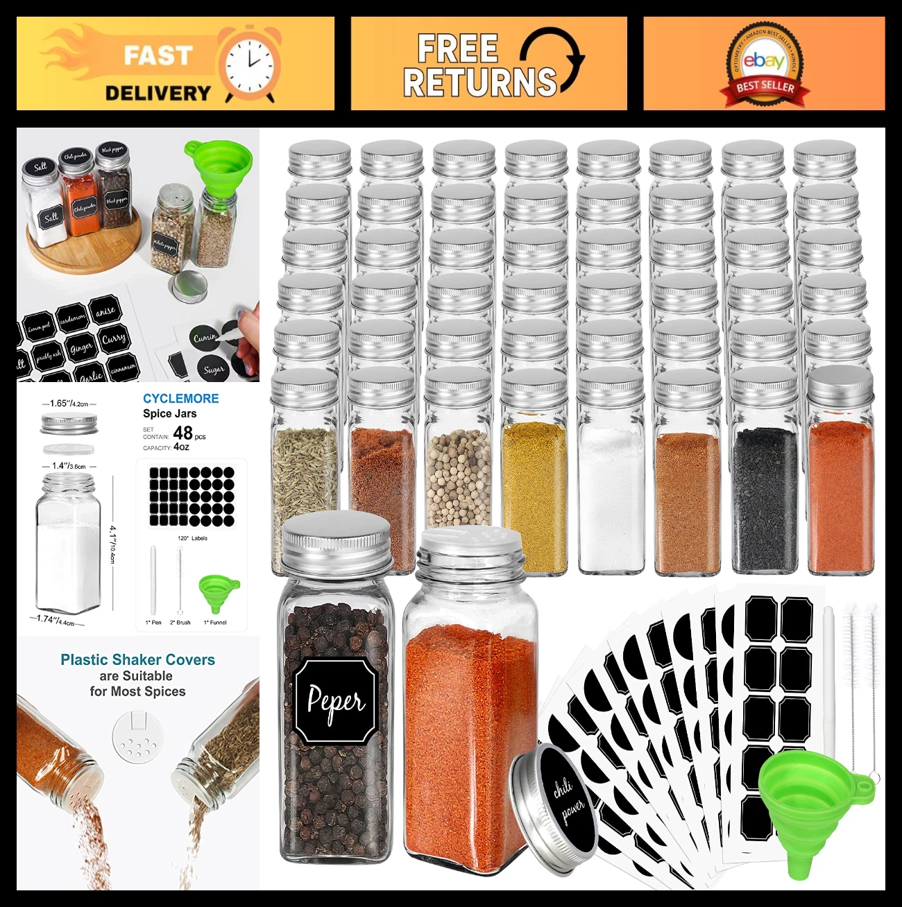 48 Pack 4oz Glass Spice Jars with Silver Caps, Pour/Sift Lids, Labels & Funnel