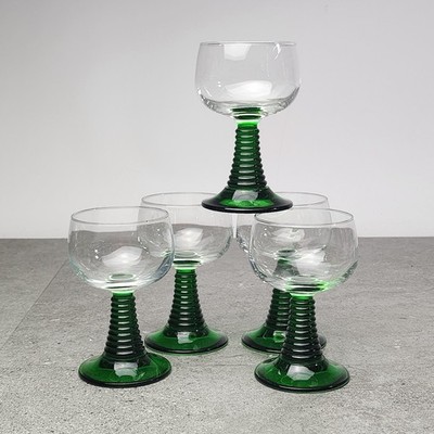 Luminarc Römer Weingläser France grün gerillter Fuß 5er Set 11 cm Vintage