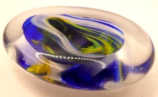 Flat Egg Shaped Art Glass Paperweight Clear Multicolor Swirl