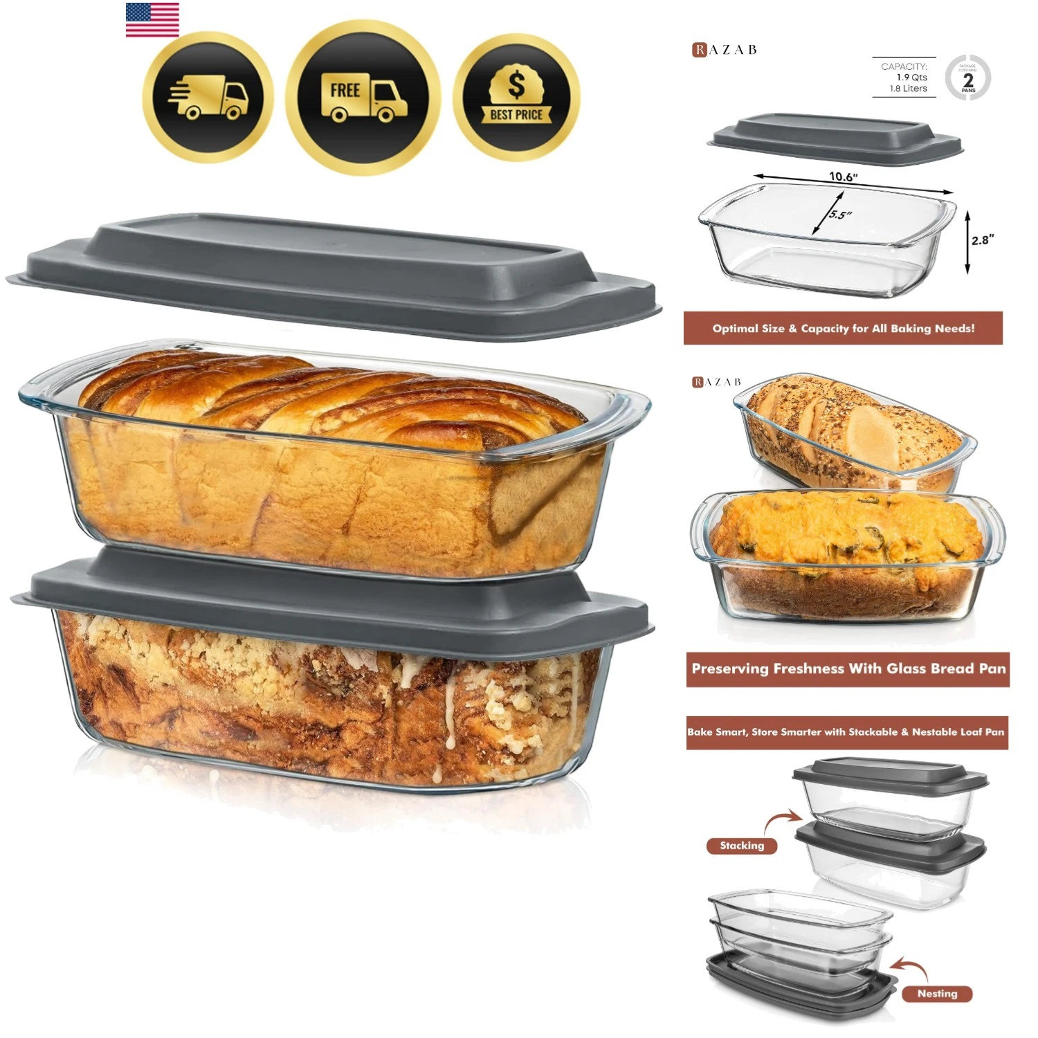 LARGE 7.6 Cups/1800 ML/1.9 Qt Glass Loaf Pan with Lids Set of 2 - Meatloaf Pa...