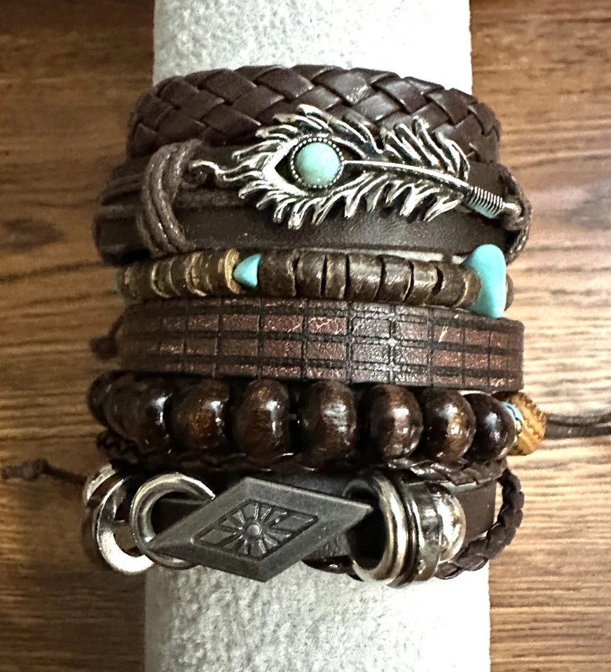 6PCS Retro Punk Braided Western Cowboy Style Bracelets Adjustable Unisex Gift - Image 2 of 4