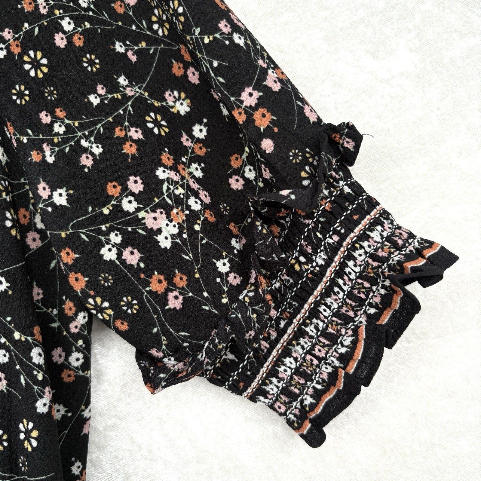 MAX STUDIO Peasant Tiered Long Dress Med Ruffle Neck Black Floral Smocked Waist