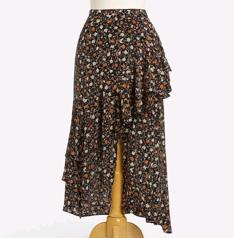 LUSH Midi Skirt Sz S Navy Ditsy Floral Ruffle High-Low Boho Cowgirl-image