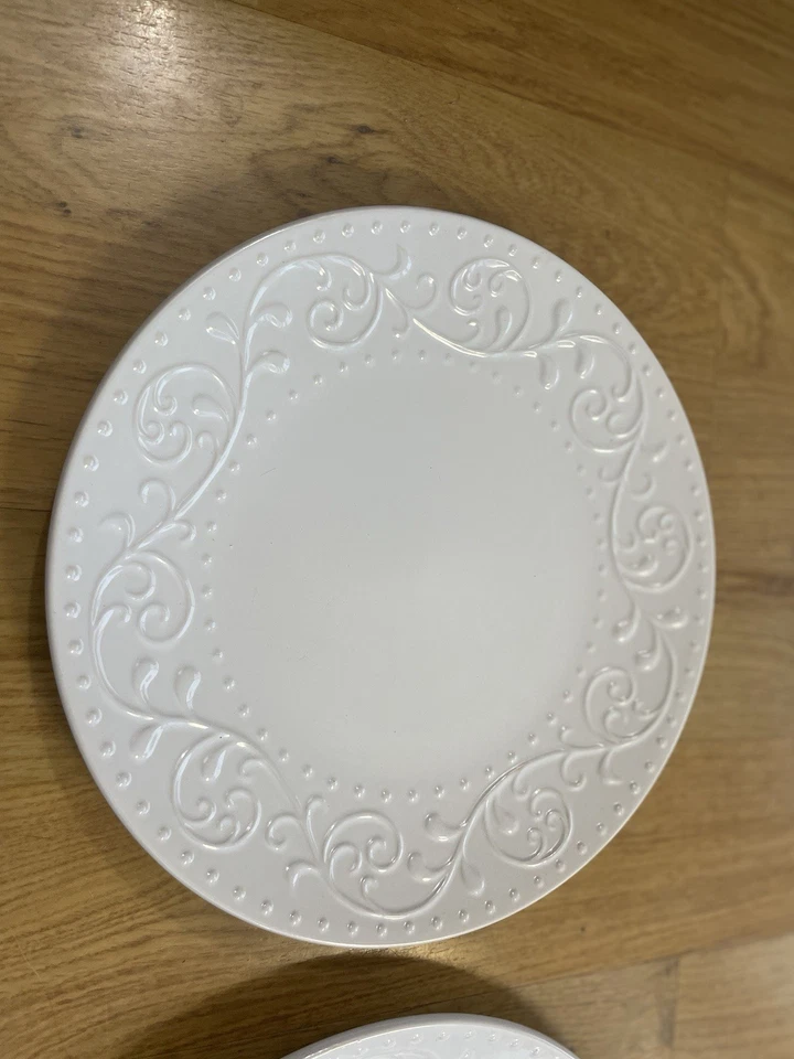 (2) Dover & York 11” White Embossed Scroll And Dot Rim Dinner Plates - Image 2 of 4
