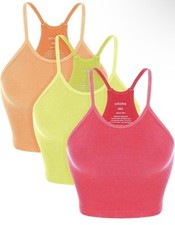 ODODOS Womens Crop 3 Pack Seamless Rib-Knit Tank Tops Size XS Neon Pink Yellow