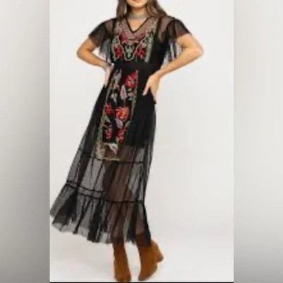 Band of Gypsies Black Puebla Sheer Lace Ruffle Dress Embroidered Maxi  Whimsigoth | eBay