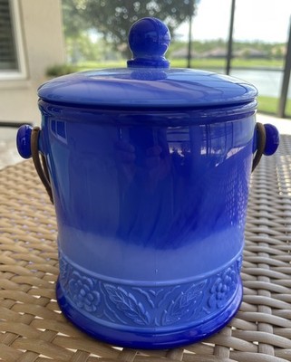 HTF Fenton Periwinkle Blue Flower Band Macaron Jar. Vintage Unmarked. No Damage.