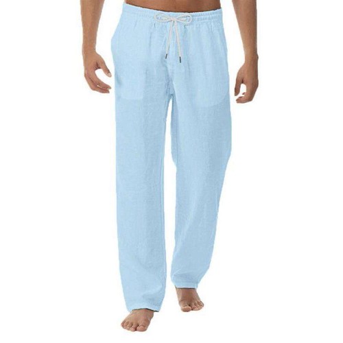 Pantalone casual cotone lino vita elasticizzata ampio estivo uomo tinta unita largo - Foto 2 di 7