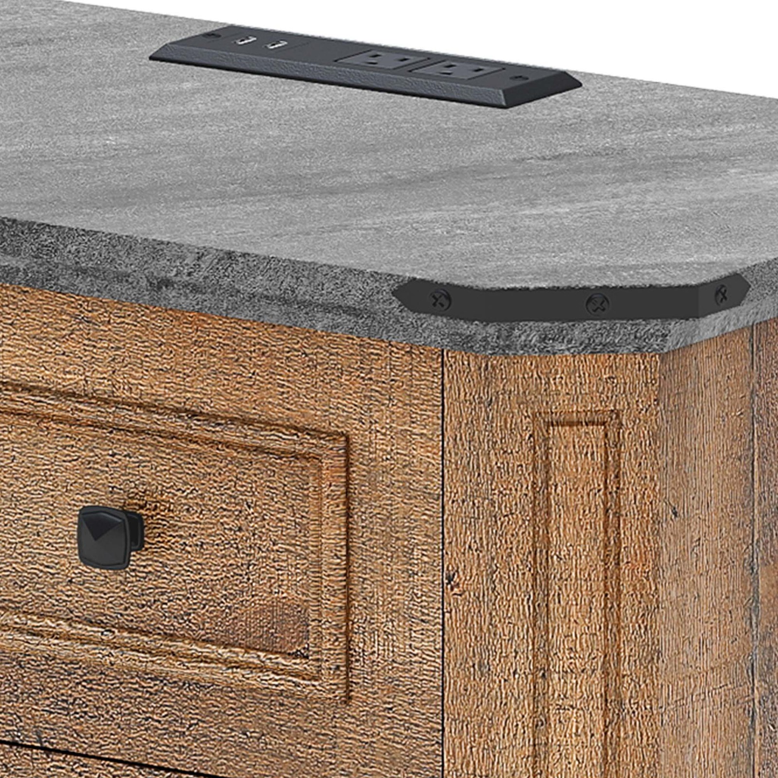 Set of 2 Nightstand with Charging Station Farmhouse Table with 3 Drawers Brown