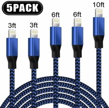 5pc Braided Fast Charger Cable Heavy Duty USB Cord For iPhone 14 13 12 11 X XR 8