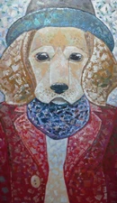 An oil painting on canvas titled "Beagle in a Hat." Dimensions are 50 by 80 cm.