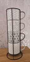 Stacking Mug Set Grey Jumbo Embossed With Metal Rack Tea Coffee Cups **NEW**