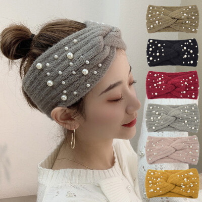 Knitted Pearl Headband Head Wrap Ear Hair Band Winter Crochet Turban Women  Lady UK