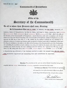 1946 Pennsylvania Business Dissolution Certificate The Hub Clothiers