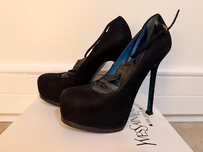 YSL Yves Saint Laurent TRIBTOO 105 Plateau Pumps Leder Schwarz Blau 37,5