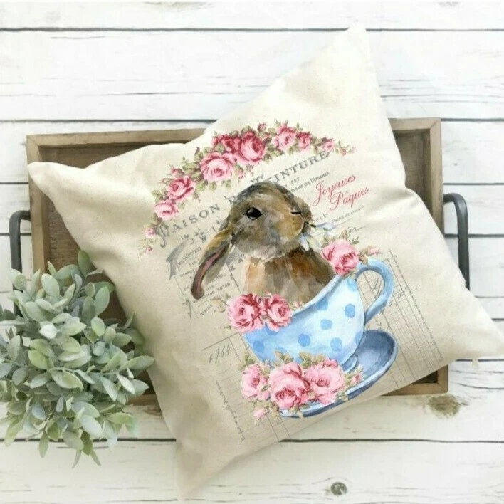 funda de almohada, país francés, shabby chic, conejo, taza de té, flores, rosa, Foto 2 de 3